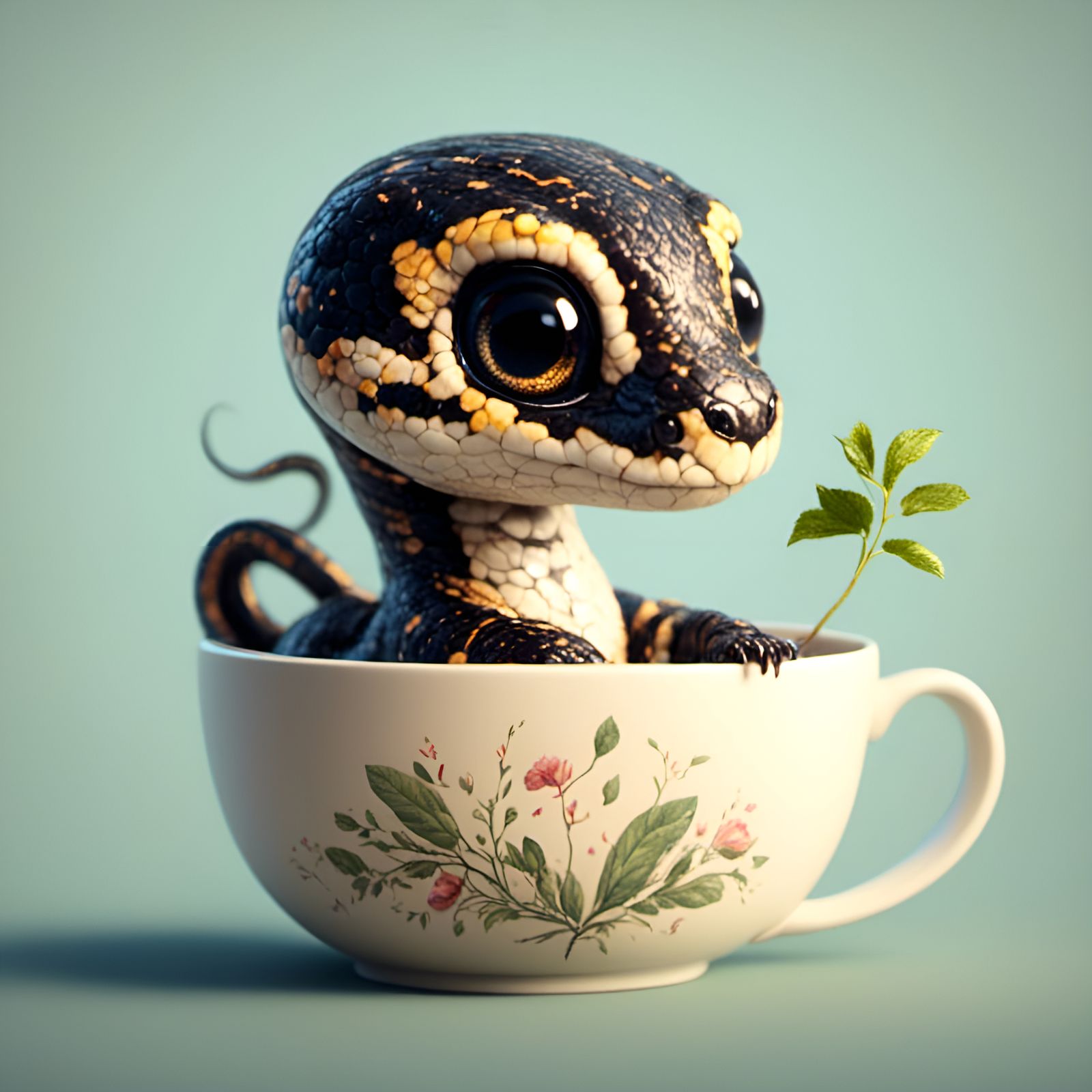 Adorable Baby Snake in Teacup Illustration