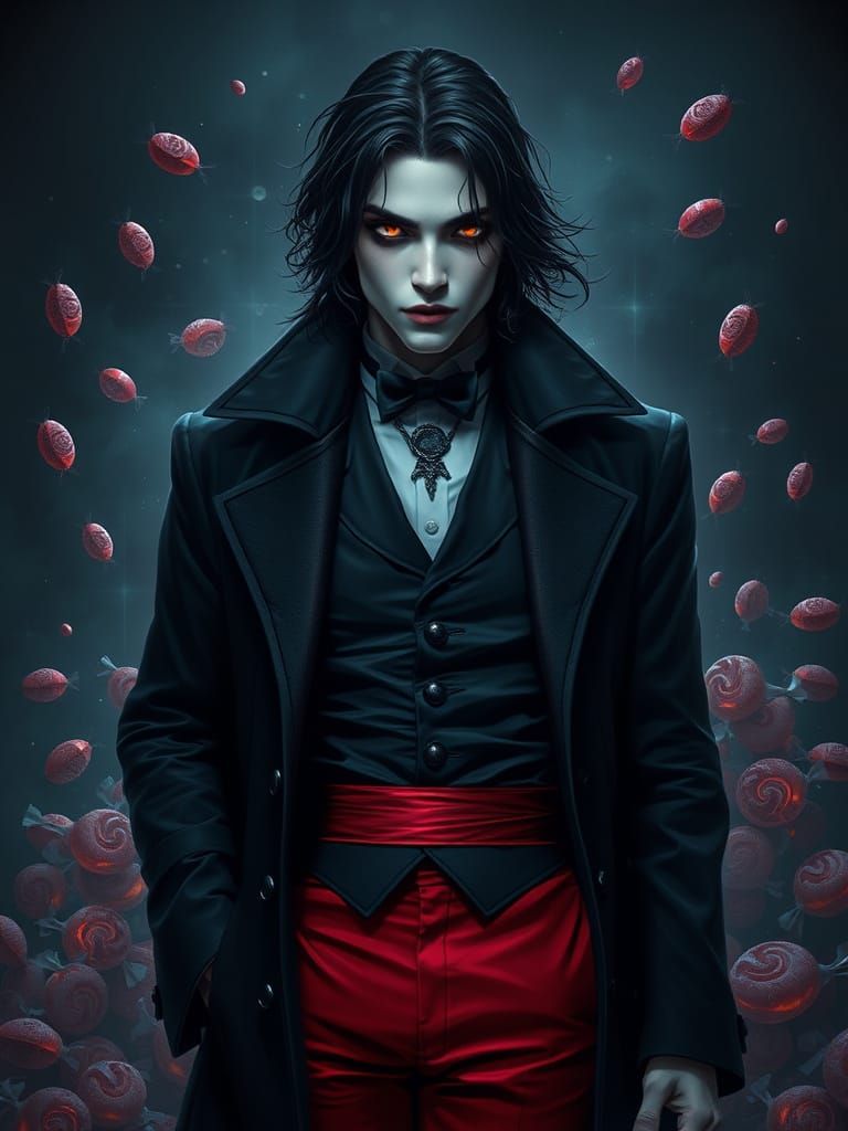 Ethereal Vampire Lord in Crimson Coat and Mystical Backdrop