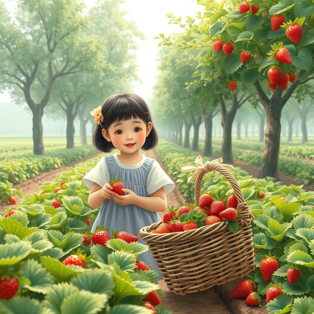 Korean Girl Plucks Strawberries in Whimsical Farm Scene