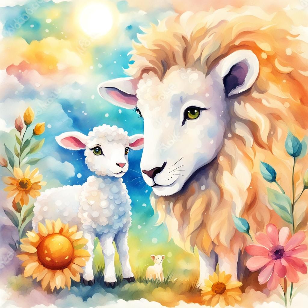 Cartoon Lamb and Lion in Watercolor Sunshine