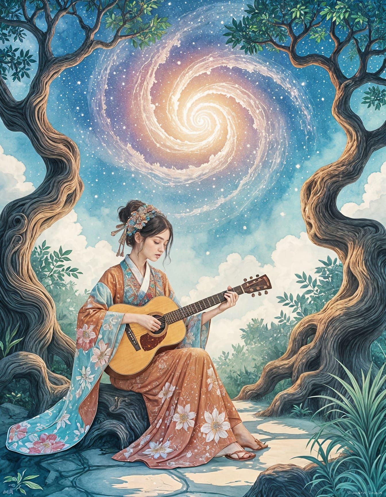 Girl Playing Guitar in Celestial Garden Watercolor