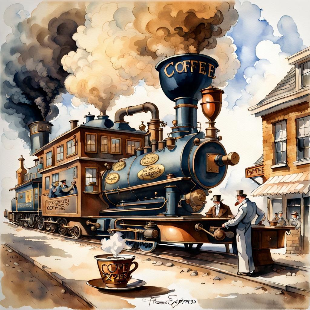 Steampunk Coffee Express Train Caricature