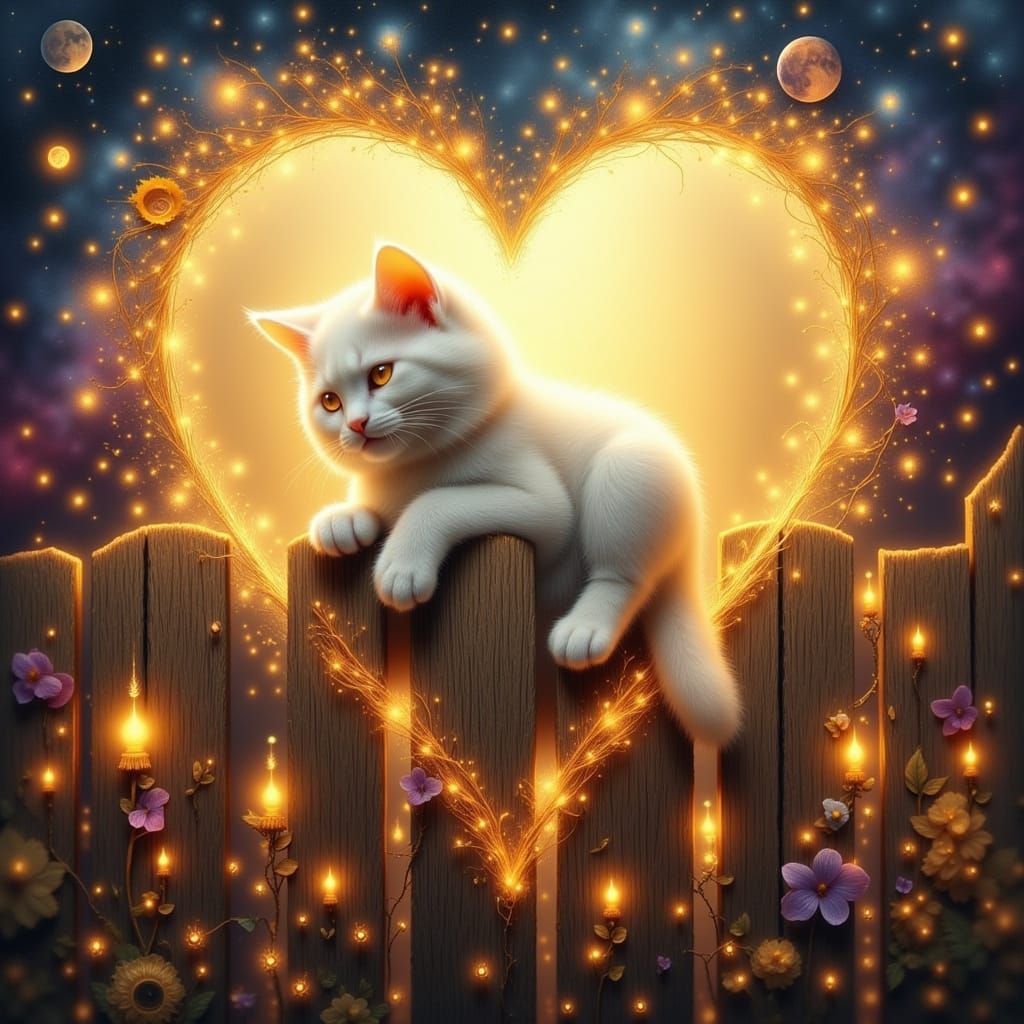 Fluffy White Kitten Peeking Over Fence in Dreamy Lights