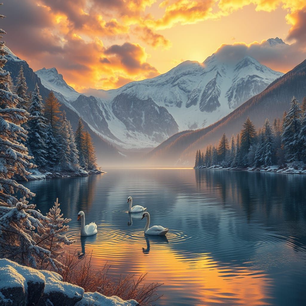 Serene Alpine Lake in Late Autumn with Snowy Pine Trees and ...