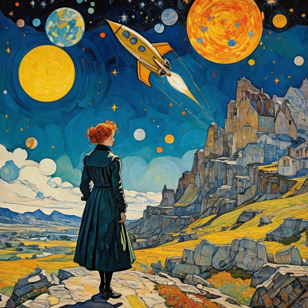 Retro Rocket Launching into Starry Sky