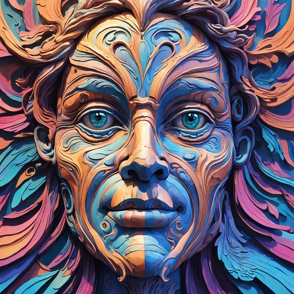 Intricately Carved Wooden Portrait in Vibrant, Swirling Colo...