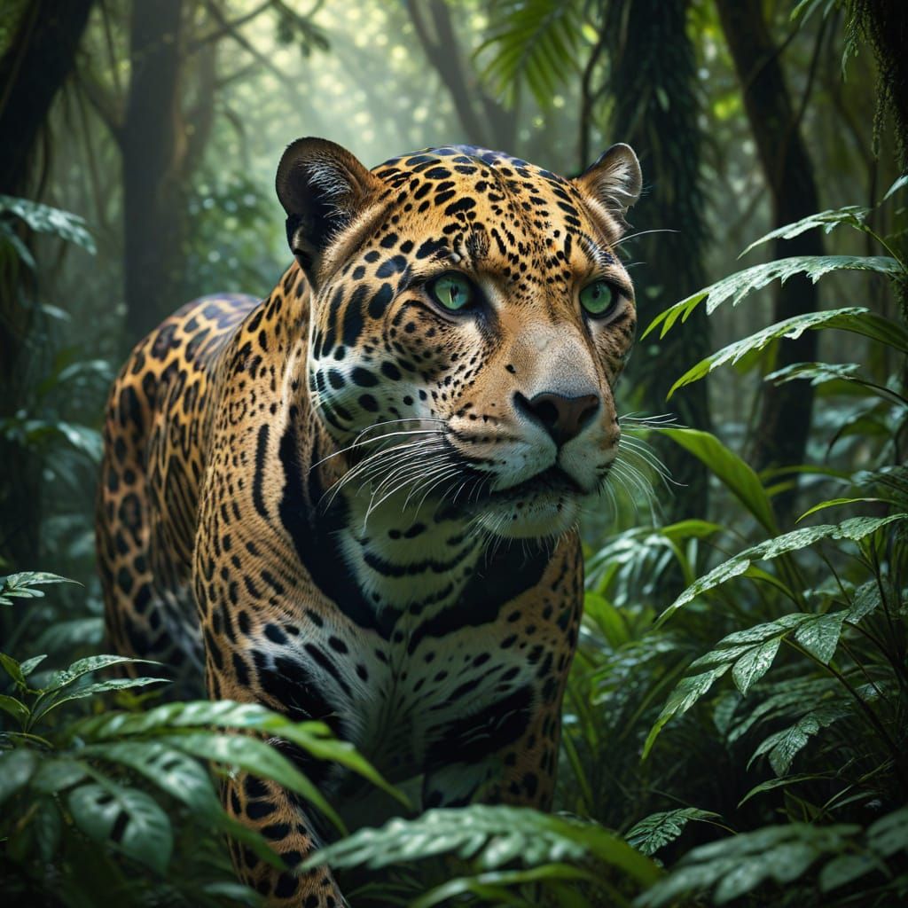 Photorealistic Jaguar Stalking Prey in Jungle