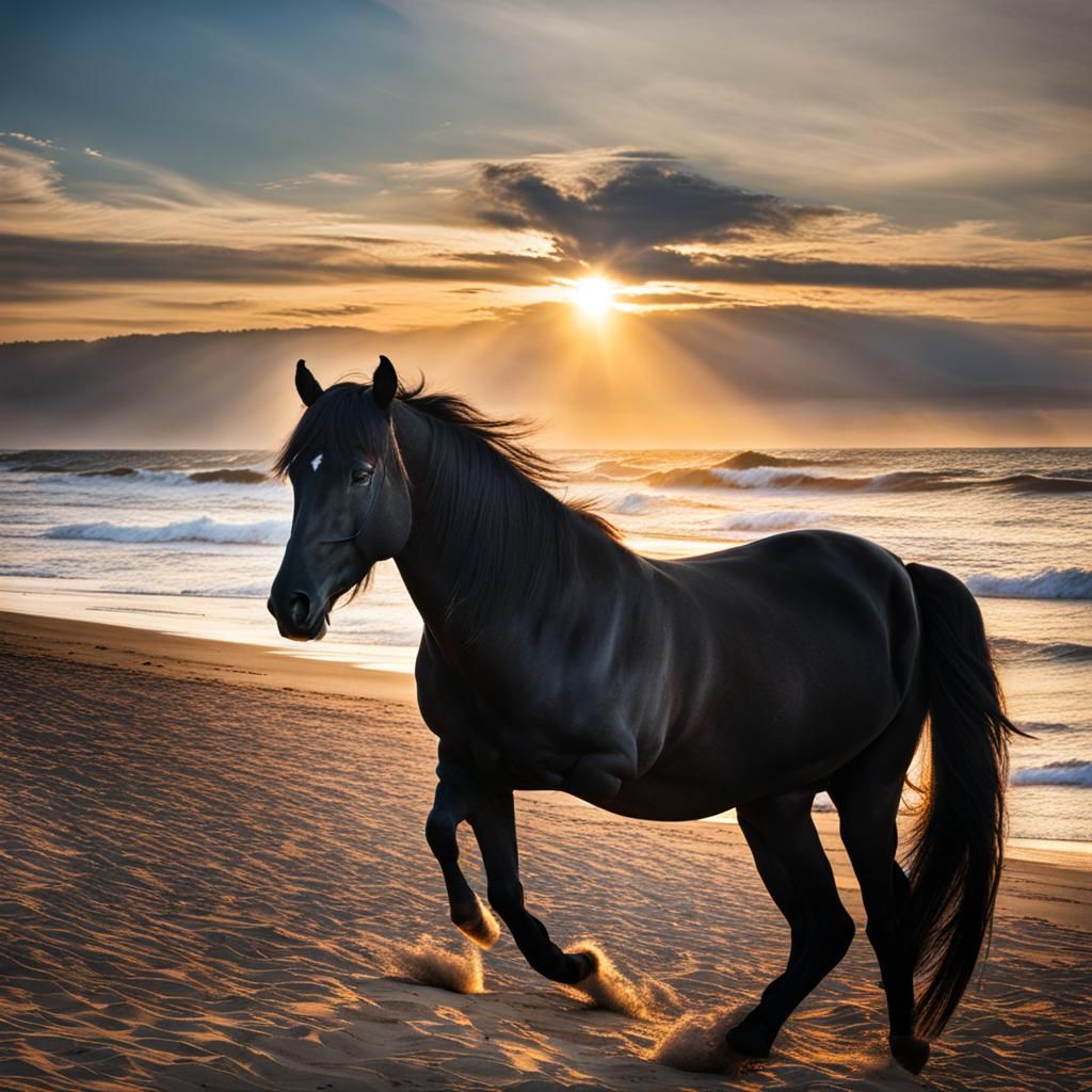 Black Stallion Galloping on a Sunny Beach