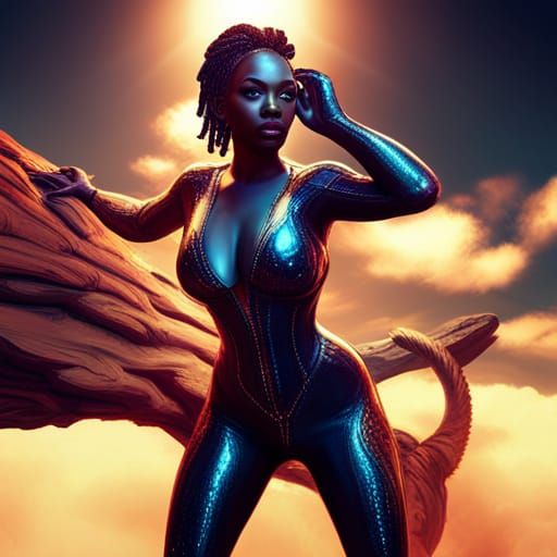 Woman in Cyber Catsuit Riding Leopard: Fantasy Art