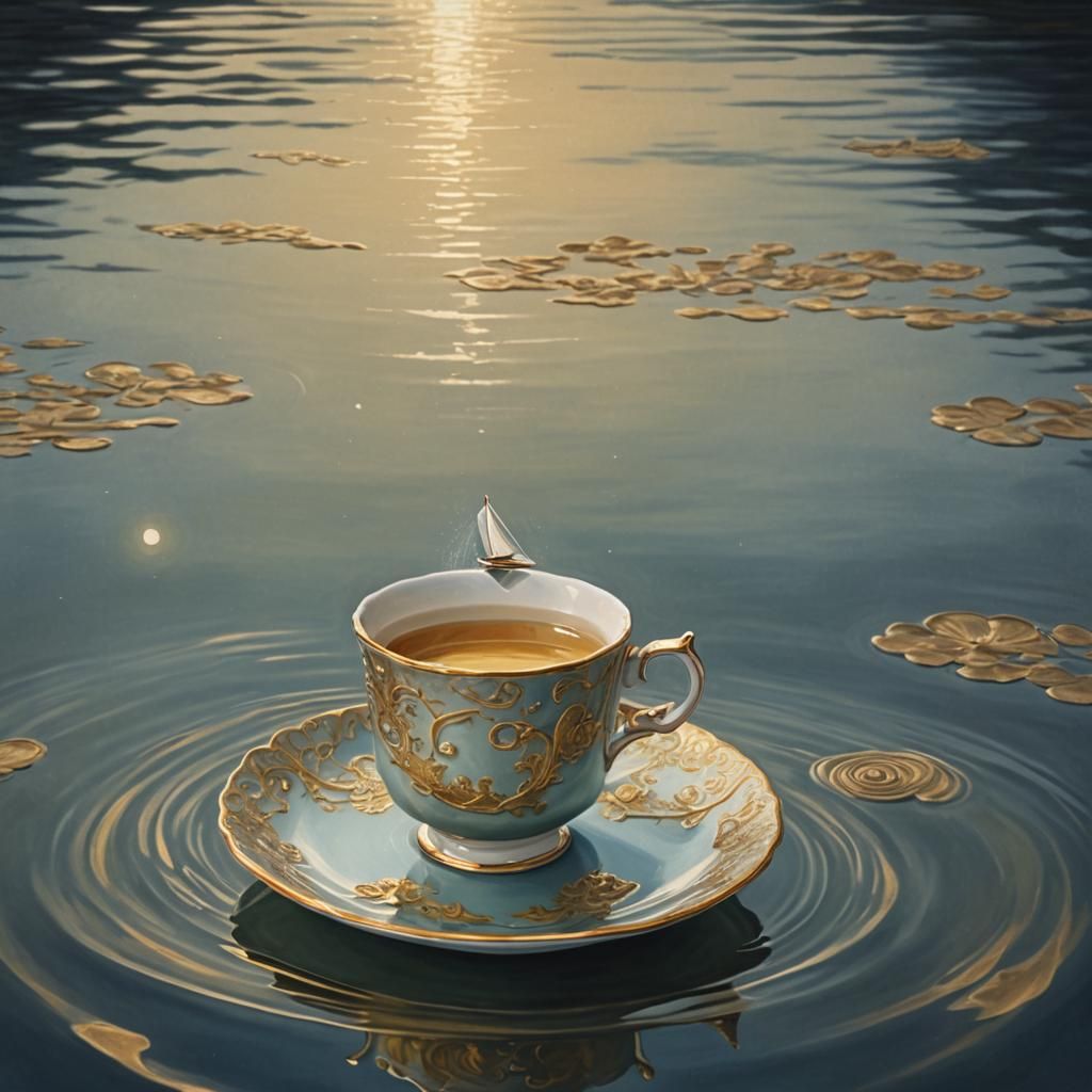 Lone Sailor in Teacup on Moonlit Lake