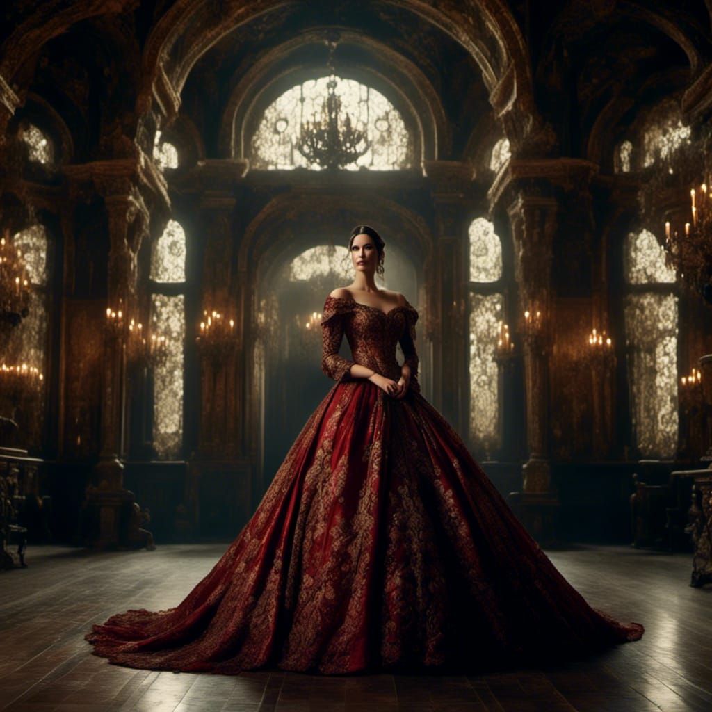 Plus-Size Model in Gothic Setting, Cinematic Film Still