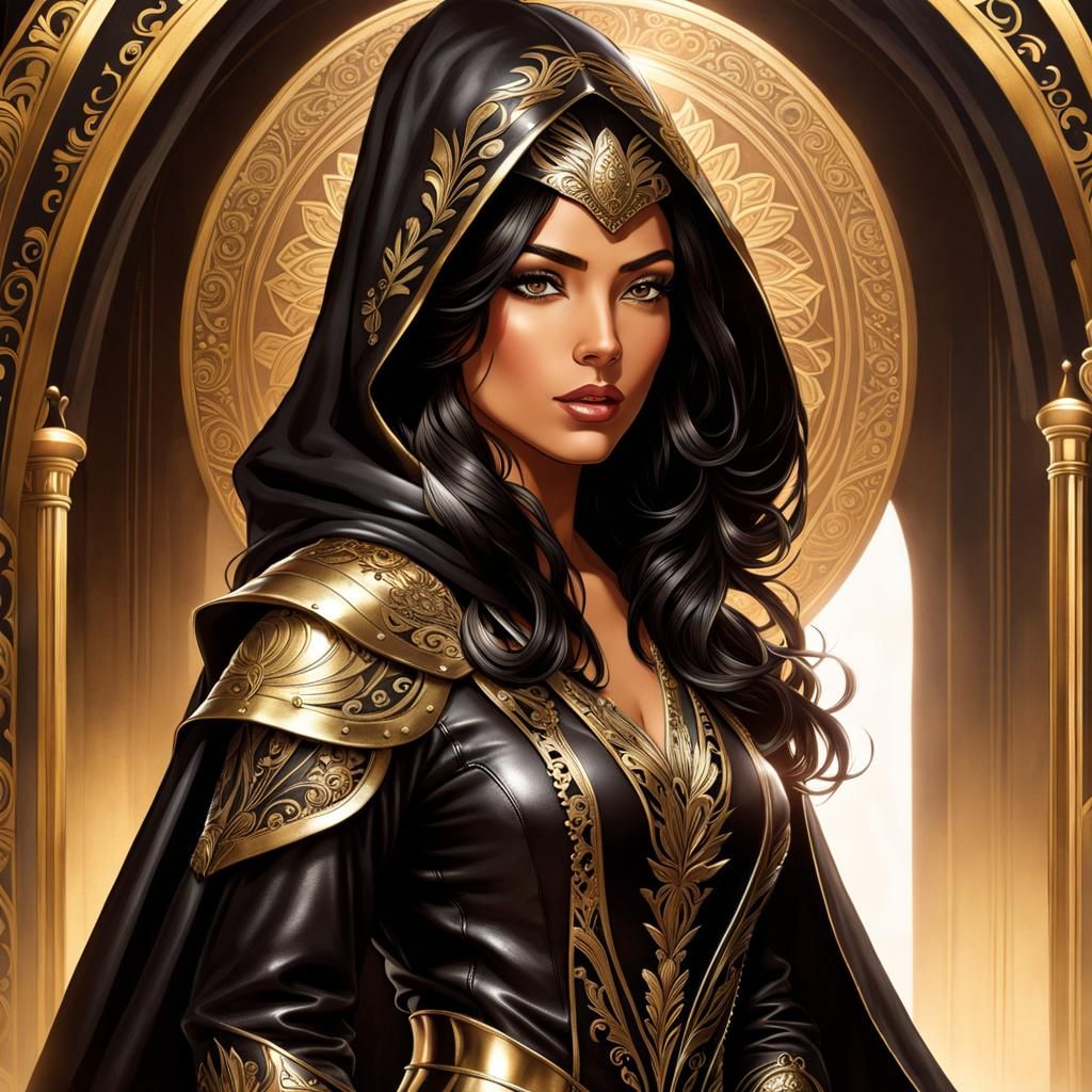 Woman in Black Leather Armor with Silver Flower