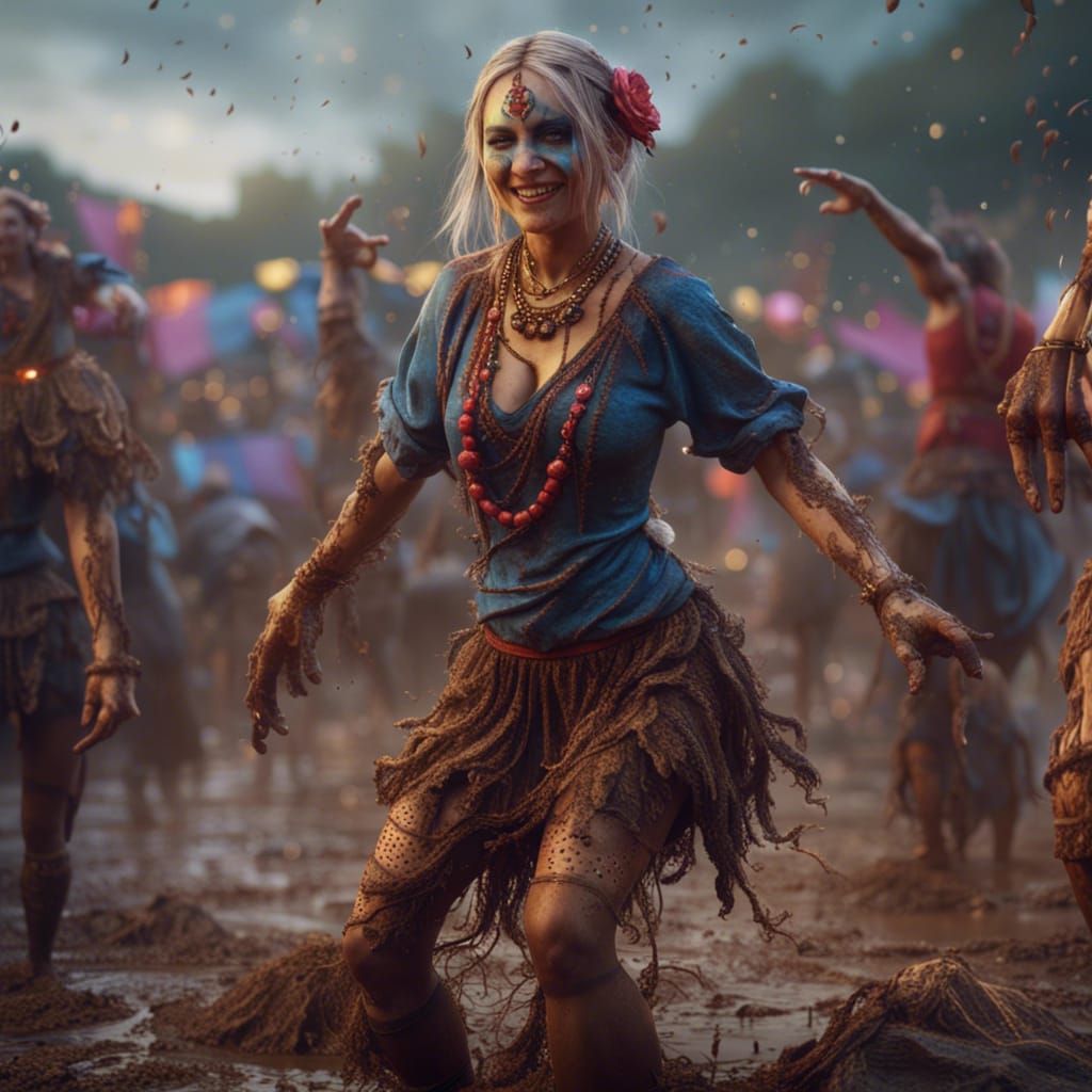 Festival Girl Dancing in Mud: Detailed Matte Painting