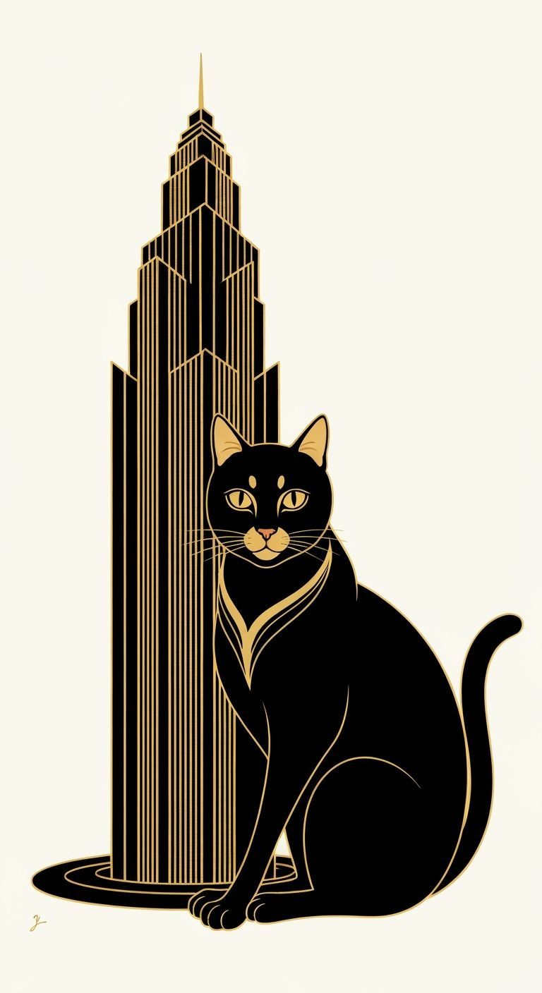 Art Deco Skyscraper Cat in Black and Gold