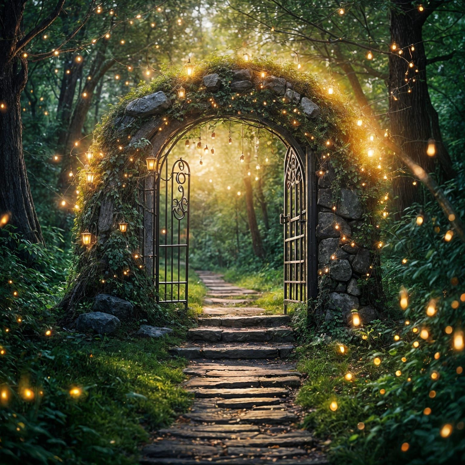 Enchanted Woodland Moon Gate with Fireflies