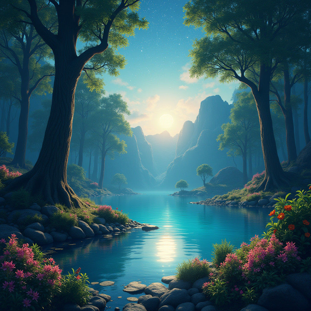 Mystical Forest at Dusk with Crescent Moon