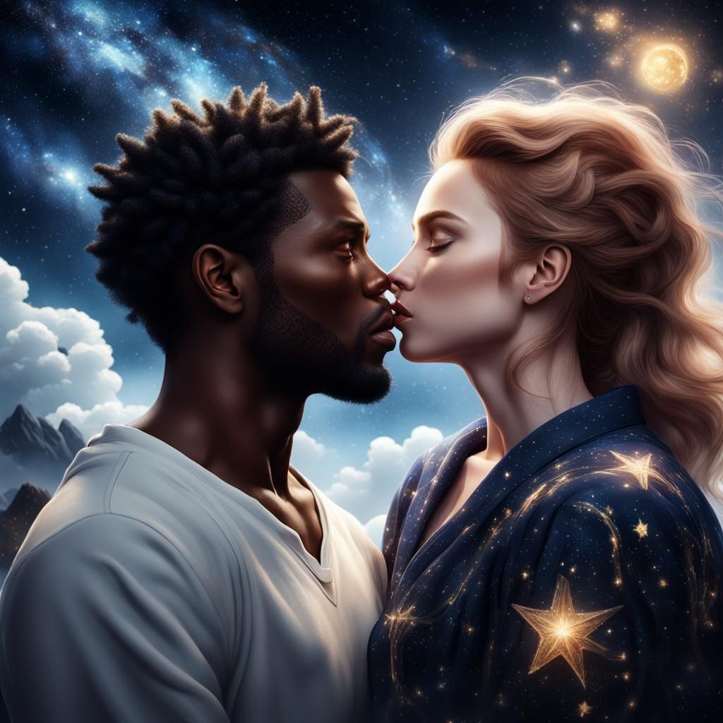 Romantic Kiss Under Starry Sky: Fantasy Concept Art
