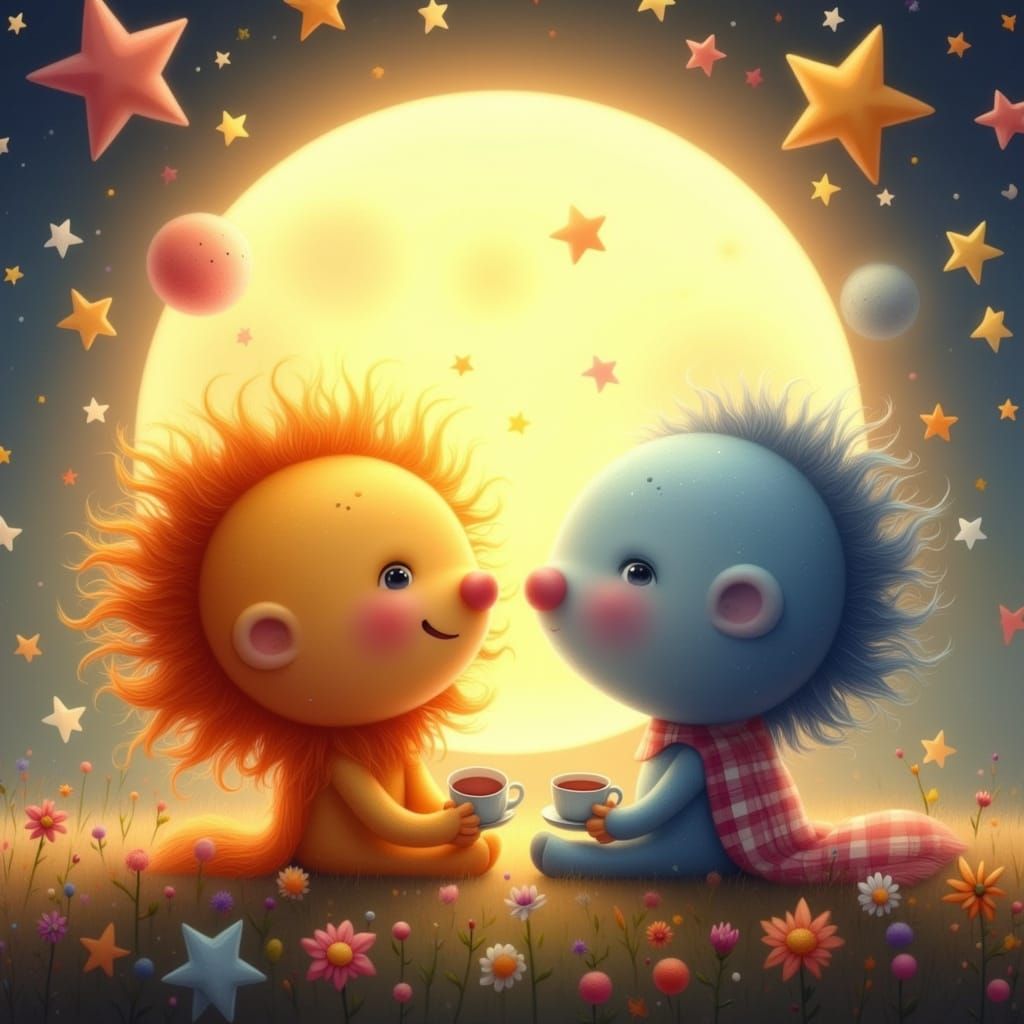 Whimsical Sun and Moon Share Tea in Surreal Starry Night