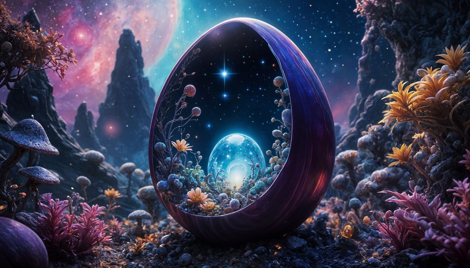 Surreal Cosmic Egg Radiates Vibrant Colors in a Dreamlike Ga...