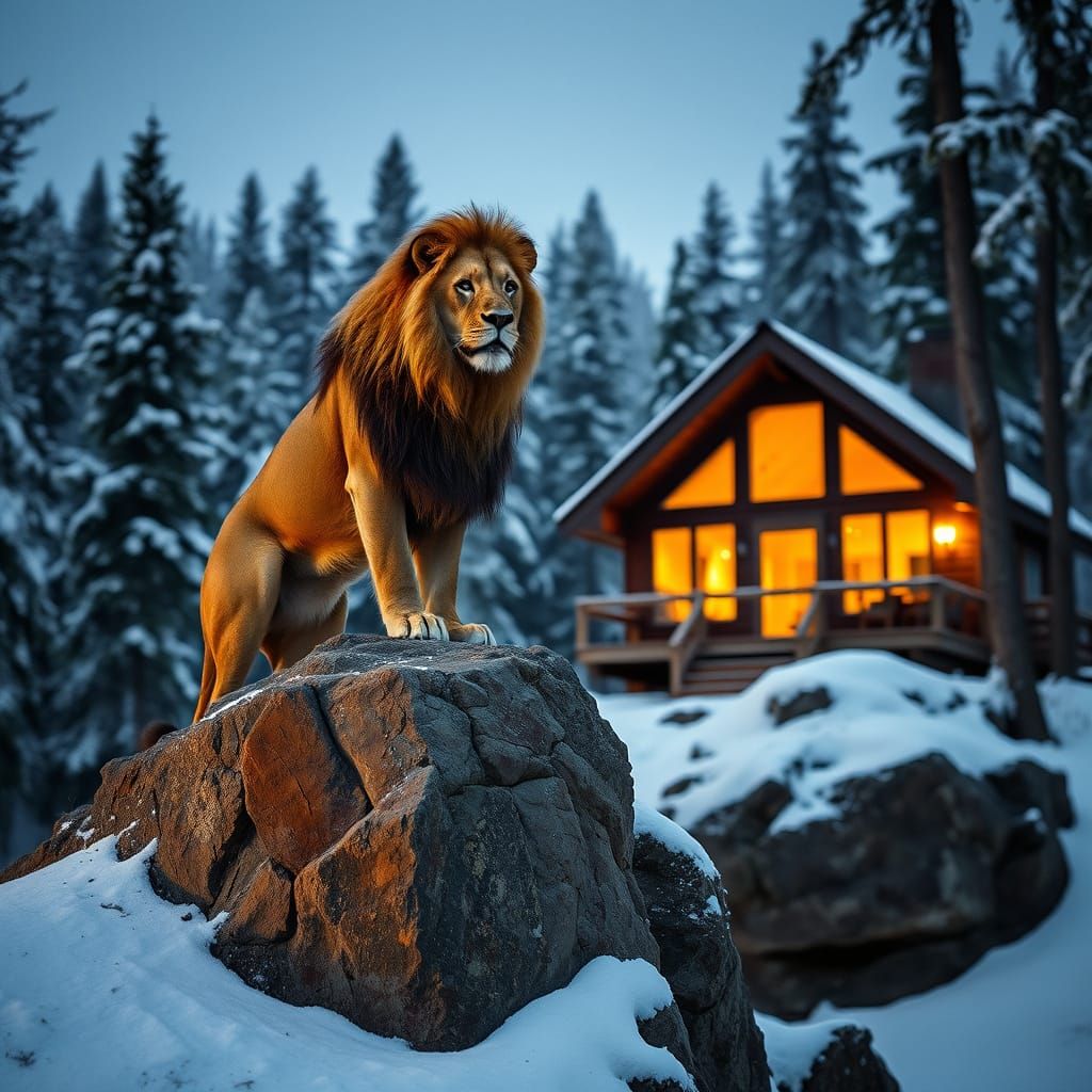Lion, Cabin, and Forest in Natural Light