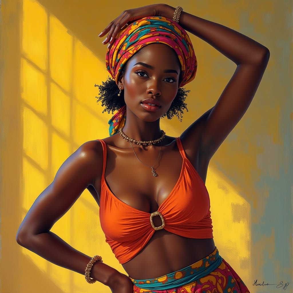 Vibrant Woman in Colorful Headscarf Pose