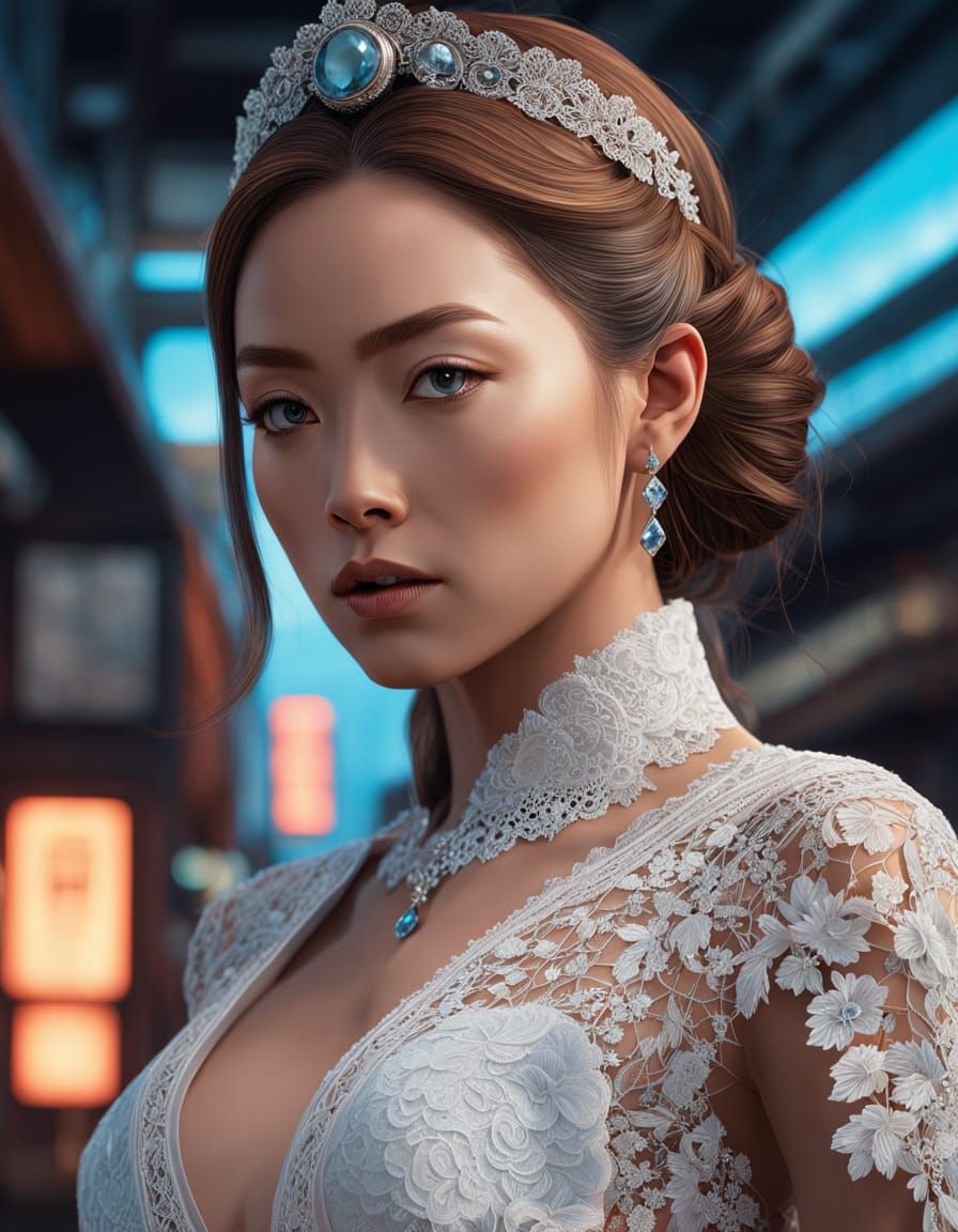 Japanese Model in Lace and Jewels, Cinematic Digital Paintin...
