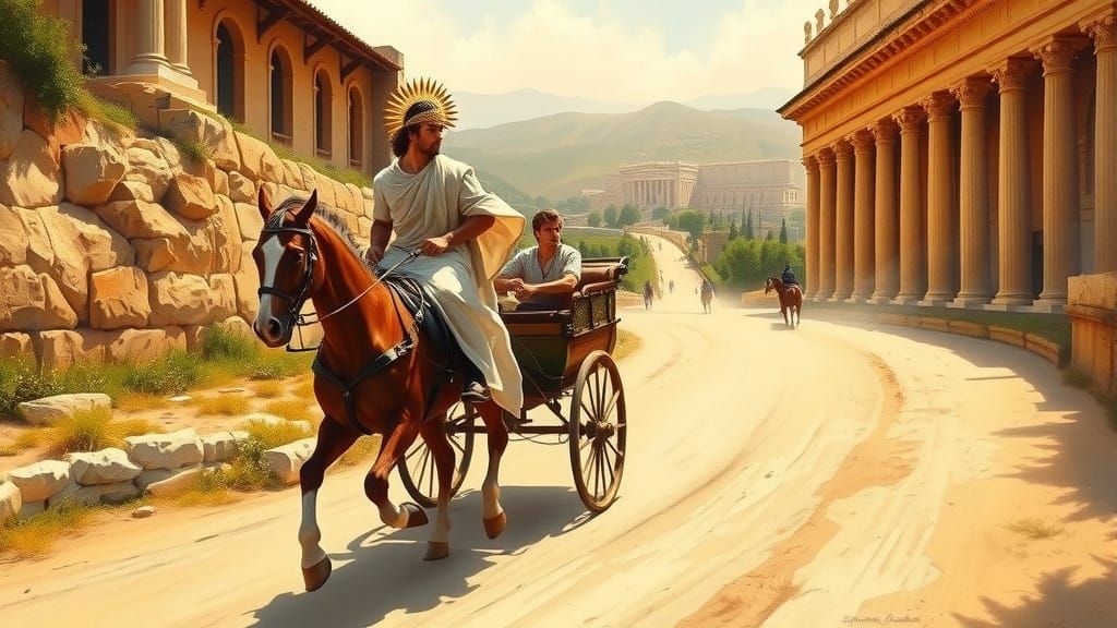 Ancient Roman Chariot Rides the Open Road in Golden Light