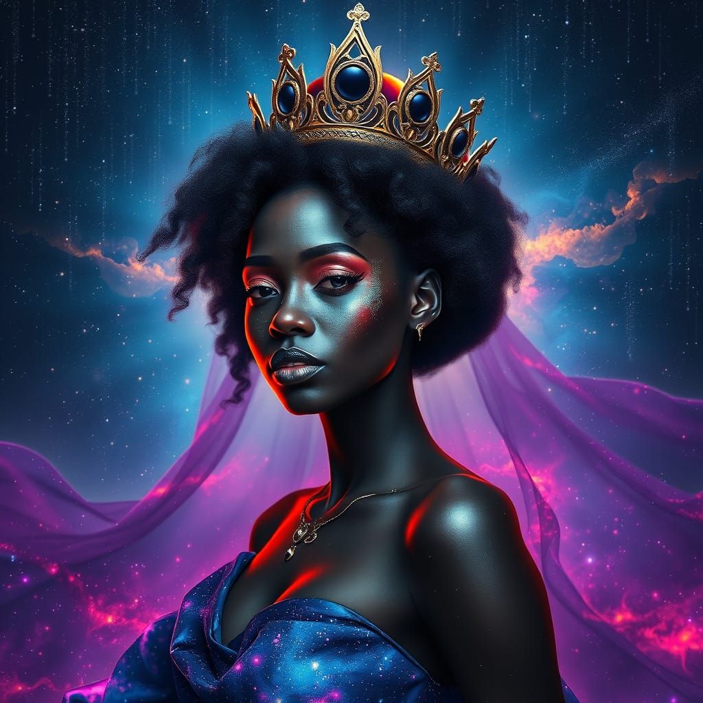 Cosmic Woman with Galaxy Skin and Black Hole Crown