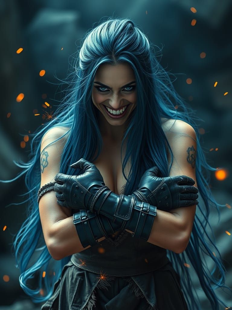Warrior Woman With Blue Hair Unleashes Maniacal Grin