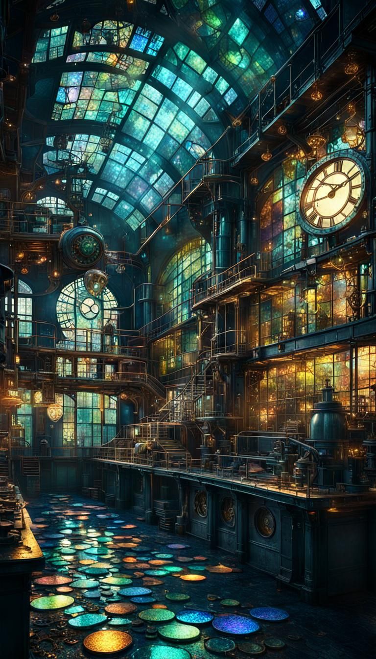 Whimsical steampunk  factory, dim lighting, Broken Glass eff...