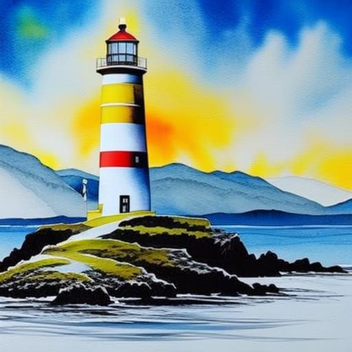 Watercolor Lighthouse on Island: Hyperdetailed Art
