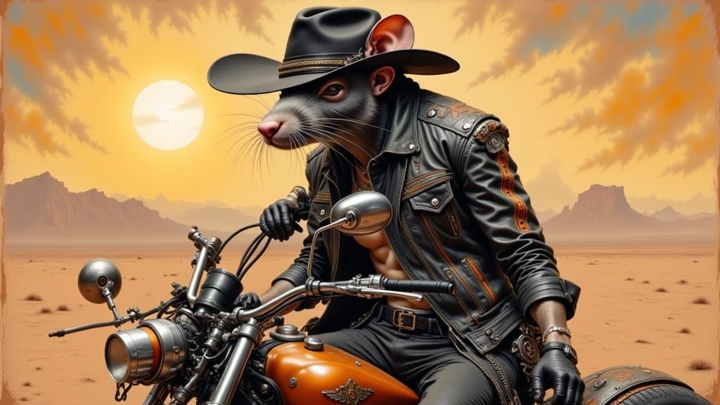 Cyberpunk Rat Cowboy on Steampunk Motorcycle