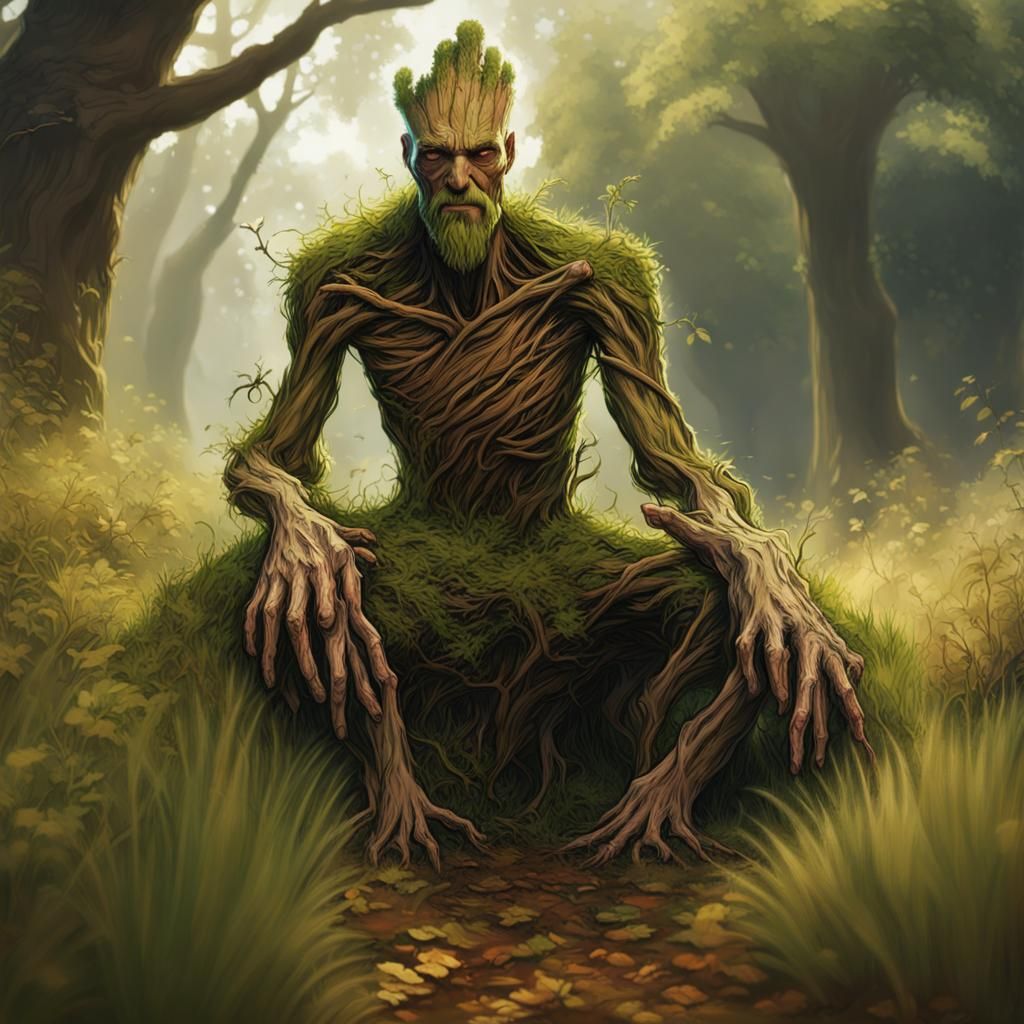 Groot-like Old Elemental in Splash Art Style