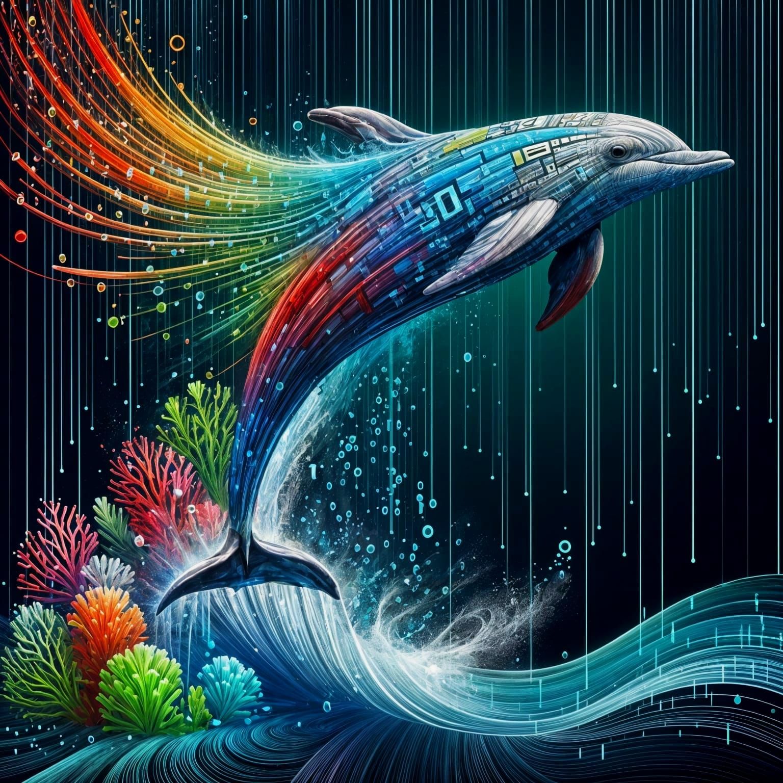 Binary Dolphin Leaps Over Coral Reef