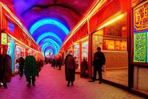 Cyberpunk Grand Bazaar in Soviet Turkistan: Neon Desert