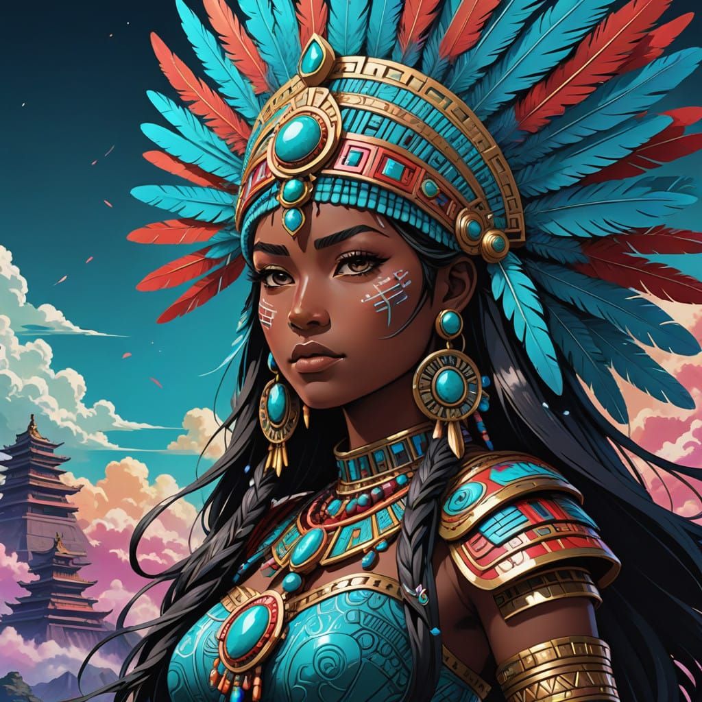 Majestic Aztec Princess in Vibrant, Anime-Inspired Regalia