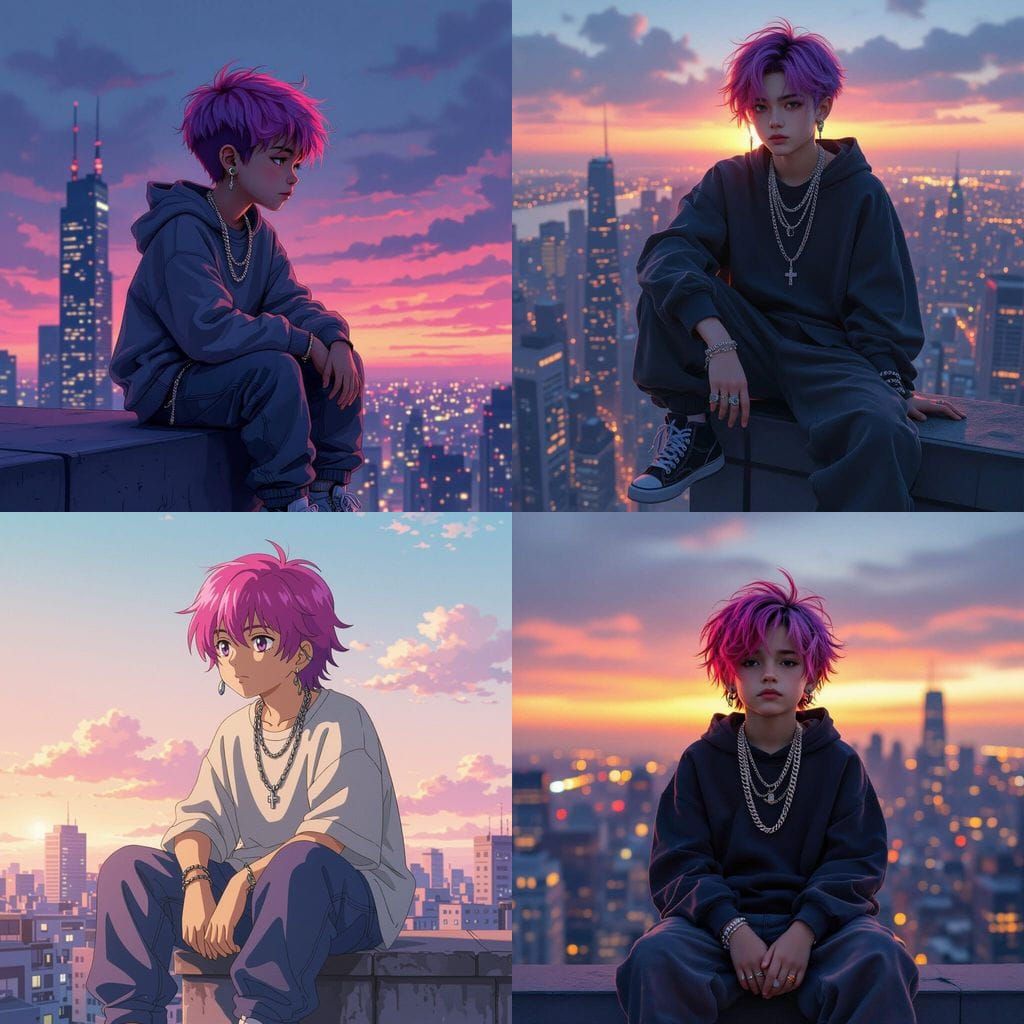 Boy with Pink and Purple Hair on Building Edge