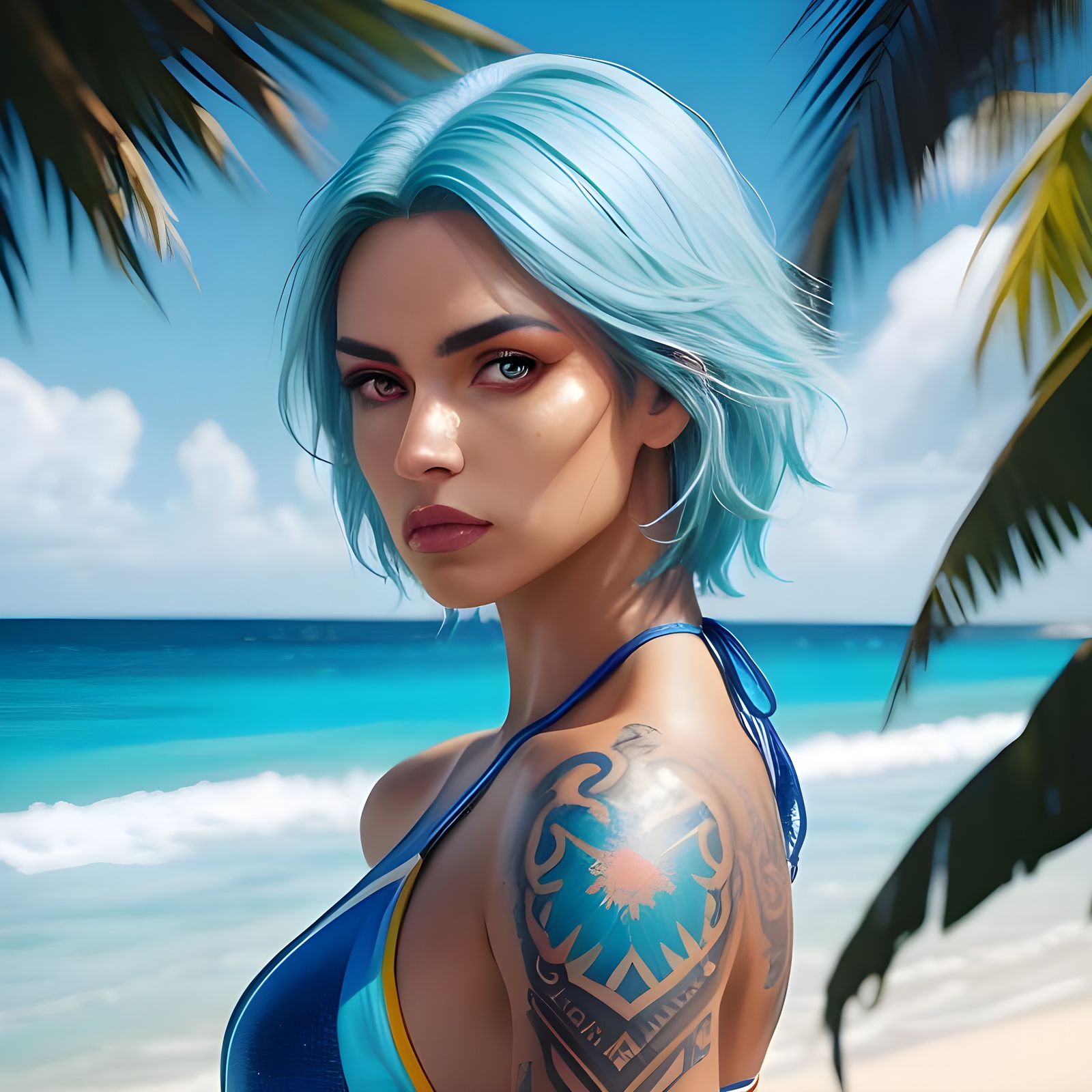Latina Woman with Colorful Hair, Hyperrealistic Splash Art