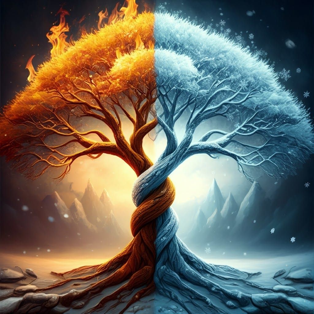 Elemental Harmony: Fire and Ice Trees Entwined