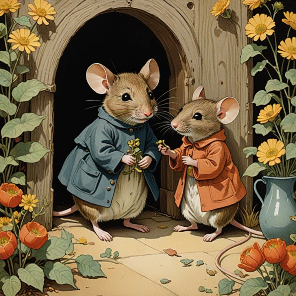 Whimsical Folk Art Illustration of Field Mouse and House Mou...