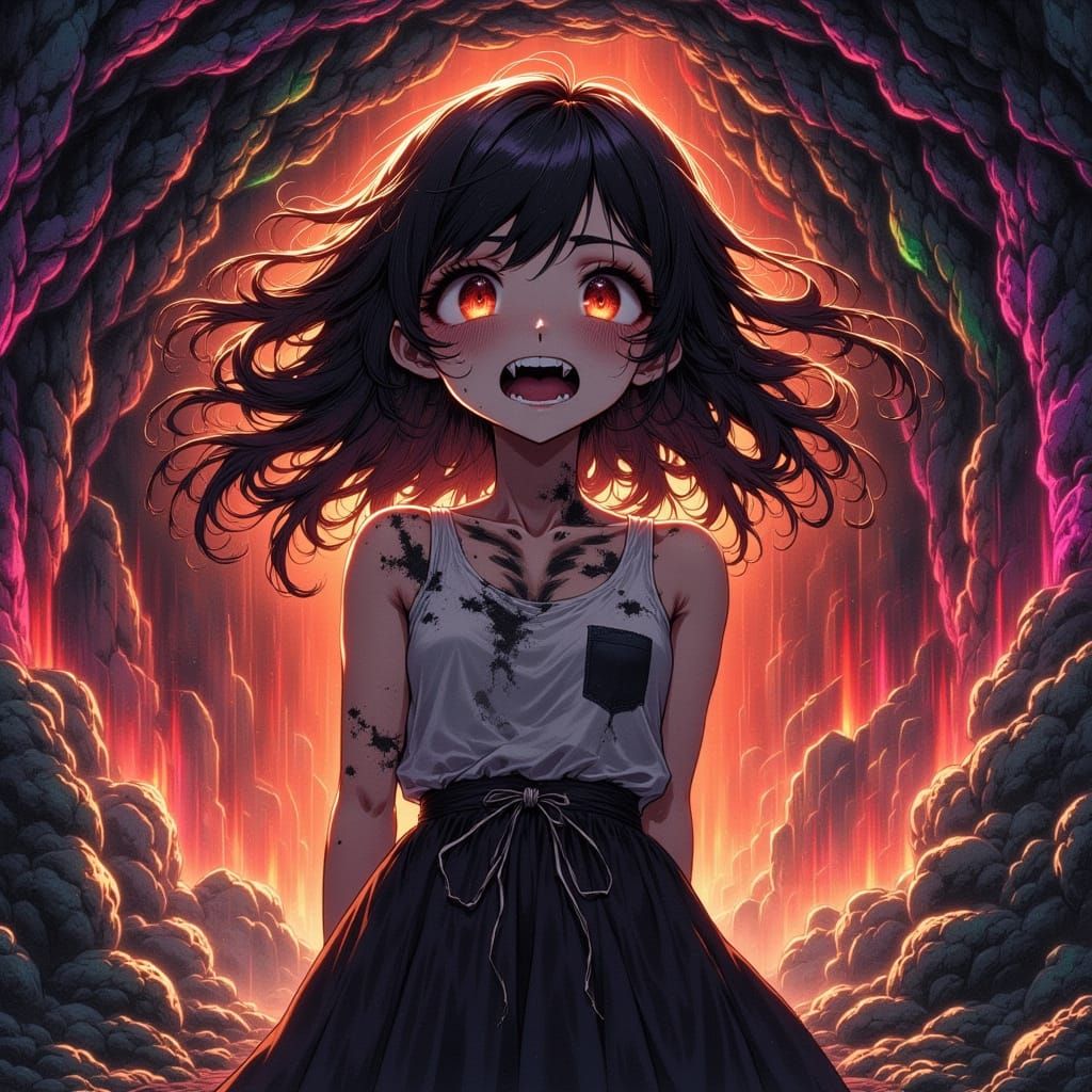 Terrified Woman in Fractured Ethereal Landscape