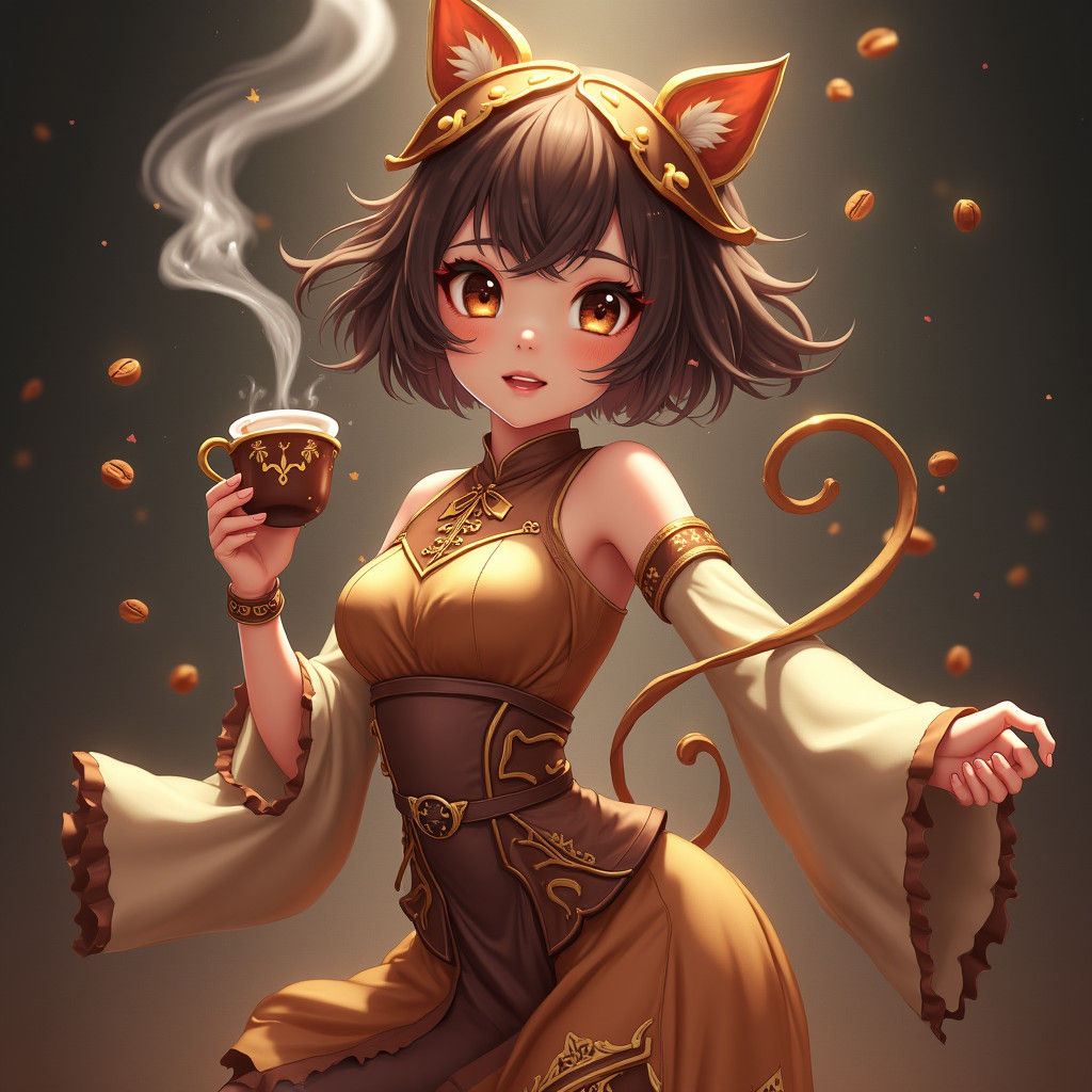 Anime Girl Coffee Mascot in Golden-Brown Palette
