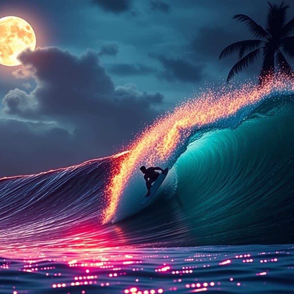 Ethereal Moonlit Surfing Scene in Triadic Colors