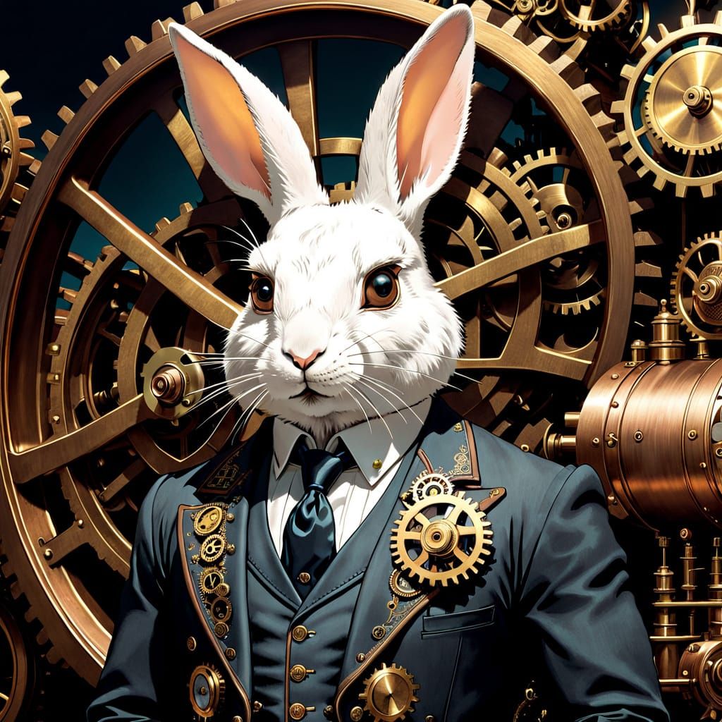 Steampunk Rabbit with Engine in Ink Illustration Style