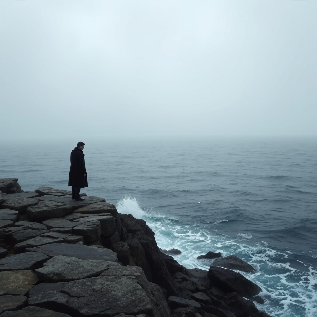 Lone Figure Contemplates the Turbulent Ocean