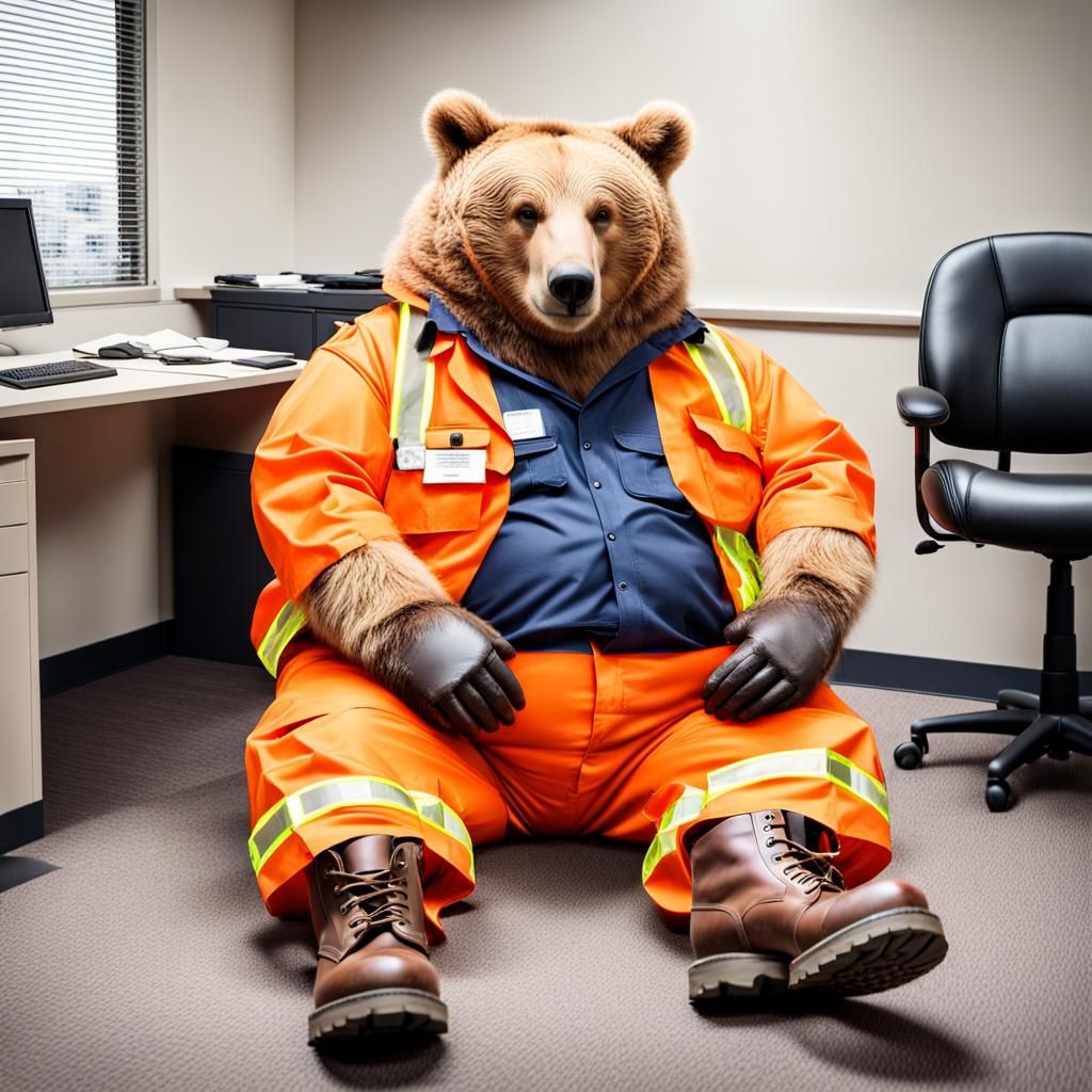 Bear in Road Service Gear Putting on Boots