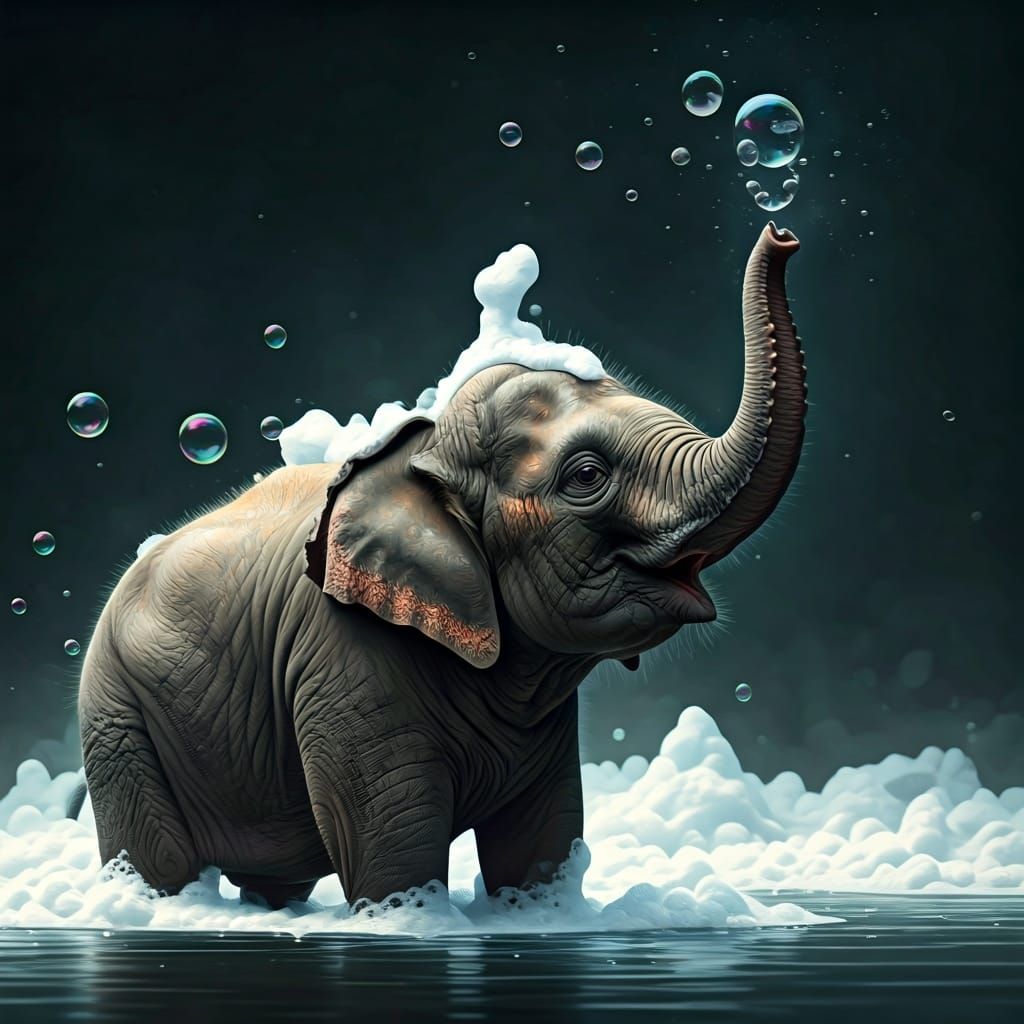 Elephant's Bubble Bath: Detailed Atmospheric Digital Art