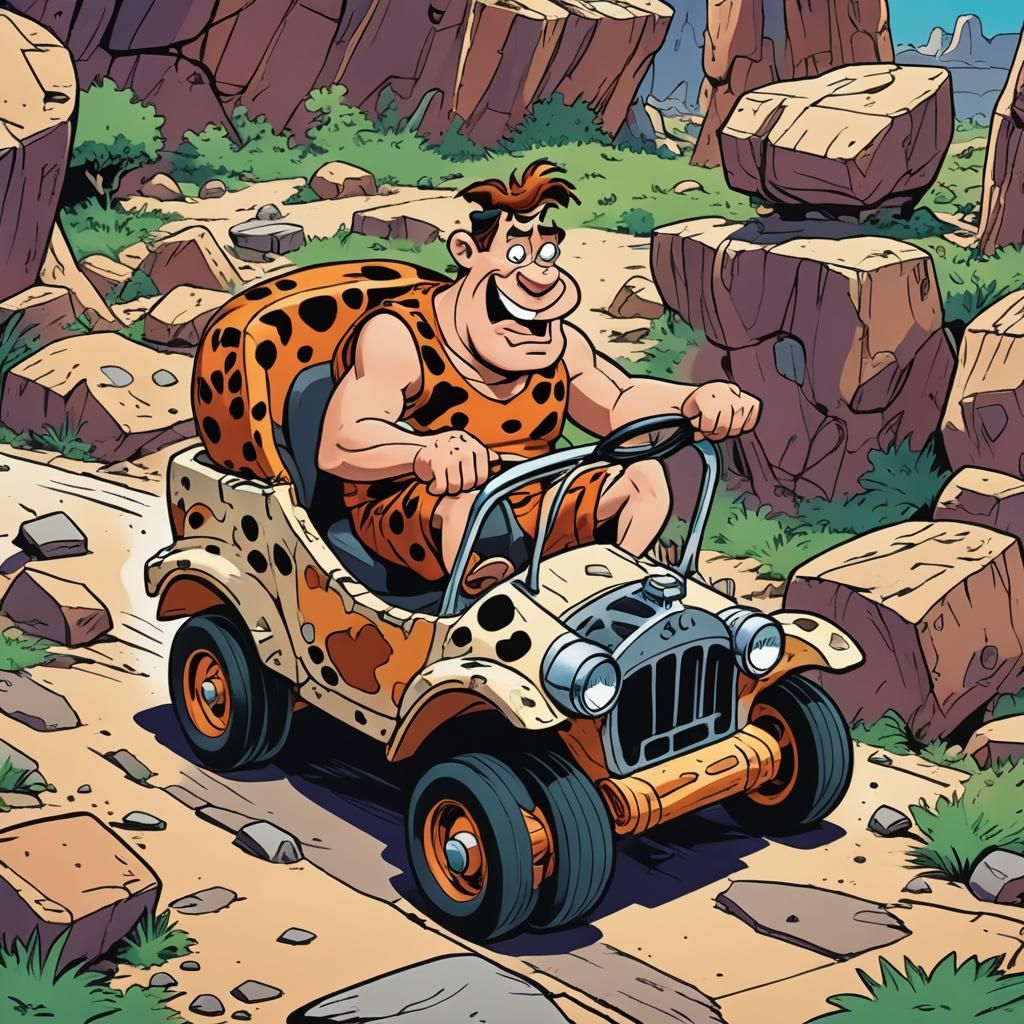 Fred Flintstone Driving in Bedrock, Cartoon Illustration