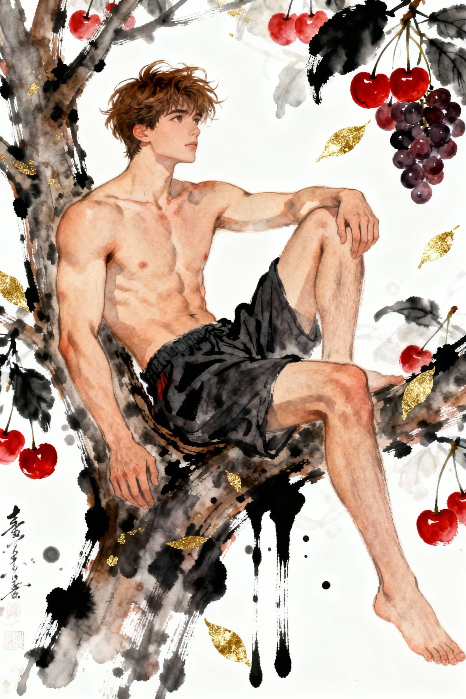 Man in Cherry Tree with Grapes, Sumi-e Style