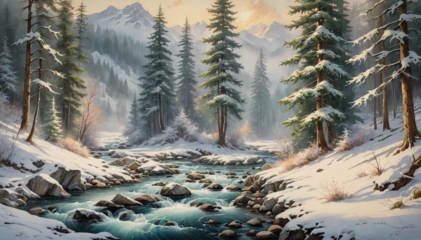 Winter Mountain Stream in Watercolor Style